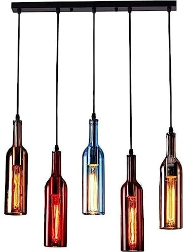 YCWZKJ Personality Colored Glass Wine Bottle 5-Light Pendant Light Creative Restaurant Suspension Fixture Loft Industrial Cafe Bar Ceiling Lighting with E27 Fitting Decor Vintage Chandelie