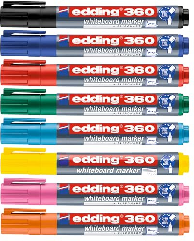 edding 360 Whiteboardmarker - bunte Farben - 4 Whiteboard Stifte - Rundspitze 1,5-3 mm - Boardmarker abwischbar (sortiert, 8er Set)