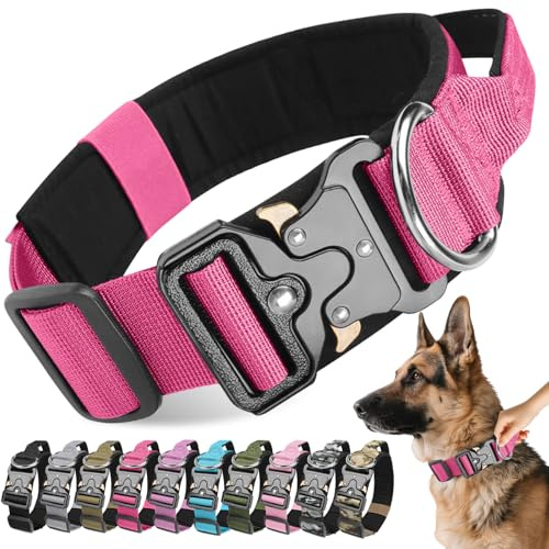 Viugex Collier de Chien Tactique, Militaire Collier Réglable Chien Rembourré, Collier pour Chien Durable avec Boucle en Métal, Idéal pour Petits, Moyens et Grands Chiens (Rose Rouge, L)