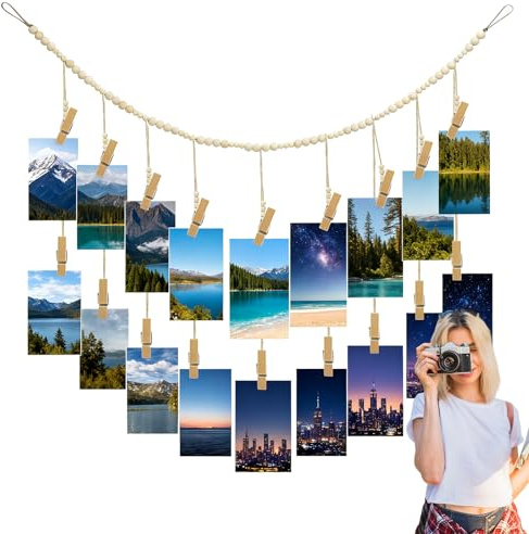 2 Stück Fotoseil mit Klammern, Bilderleine mit Holzklammer Perlen Herz Fotoleine Wanddekoration DIY Kreative Fotoaufhängung für Aufhängen Fotopostkarten Bilderrahmen