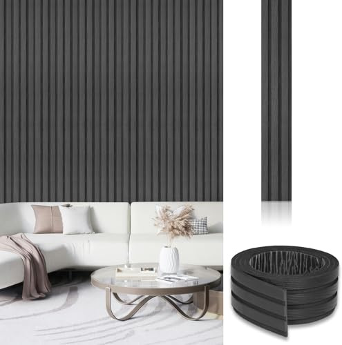 WalDecoo 2.5 Metres Self Adhesive Slat Wall Panels, 3D Acoustic Wood Panels for Walls, Peel and Stick PVC Faux Wood Grain Wallpaper, Removable Black Panels for Feature Wall, Living Room & Bedroom.