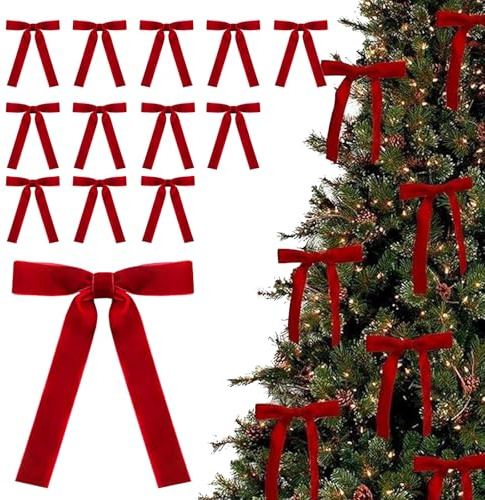 KASESSS 12 Piezas Rojo Lazos Terciopelo Arbol Navidad, Lazos Decorativos Con Gomas De Apretar, Vintage Lazo Cinta De Terciopelo Para Navidad DecoracióN Hogar Exteriores E Interiores