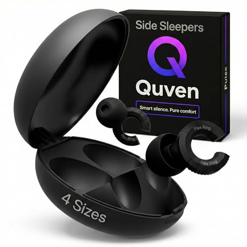 Quven Pulse Ear Plugs for Sleep – Ultra-Comfortable Reusable Noise-Reducing Earplugs | Low-Profile for Side Sleepers | 4 Tip Sizes | Premium Case for Travel, Snoring & Focus
