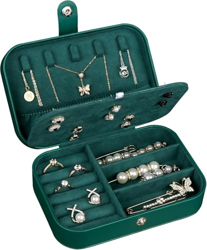 Travel Jewellery Box, Small Jewellery Organiser, PU Leather Portable Jewellery Storage Case, for Necklace Rings Bracelets Earrings, Gifts for Women Girls, Mothers Birthday Gift Ideal (Dark Green)