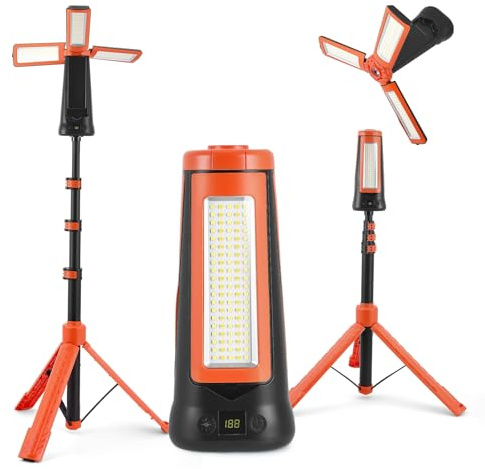 Lampada da campeggio LED ricaricabile con supporto, pannelli girevoli a 180° + telecomando, faretto LED ricaricabile per campeggio, lavoro, illuminazione di emergenza e attività all'aperto