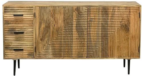 FineBuy Sideboard 160x40x86 cm Mango Massivholz, 2 Türen 3 Schubladen | Kommode Industrial mit Metallbeinen, Flurschrank aus Echtholz mit Stauraum, Anrichte handgefertigt