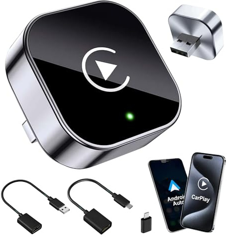 Tesorista Adattatore Carplay Wireless e Android Auto Wireless (Modello 2026) per Auto, Mini, Plug & Play, 3 Accessori Inclusi, Riconnessione ~3 s, Dongle Rigido per Porte Difficili