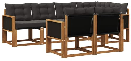 vidaXL Outdoor-Sofagarnitur mit Kissen 7 pcs Natürlich und Schwarz, Moderner Outdoor-Sofa, strapazierfähige Gartenmöbel, Lounge für Terrasse, Komfortables Sitz-Set