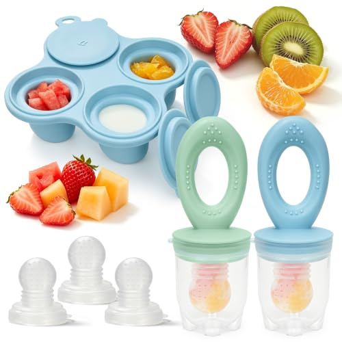 MizzyTots Fruchtsauger Baby, Schnuller, Babybrei Einfrieren Behälter | für Obst Gemüse Brei Beikost & Muttermilch, Beißring Zahnungshilfe, BPA-Frei, Eiswürfel für Babyzahnen und Selbstfütterung