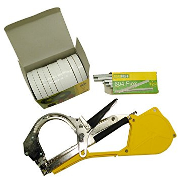 PAMPOLS Kit de Atado Agrícola para Huerto o Jardinería | Máquina Atadora de Tomateras con Guías para Plantas Trepadoras y Rollos de Cinta y Grapas | Kit con Herramienta para Atar Ramas y Matas