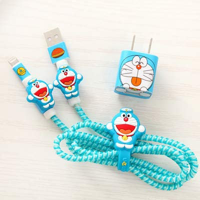 Apple Mobile Phone Data Cable Protector, Charger Protection, Wire Winder Data Cable Protection, Flexible Silicone Micro USB Protector, Mouse Cable Protector, Suit for All Cell Phones (Doraemon)