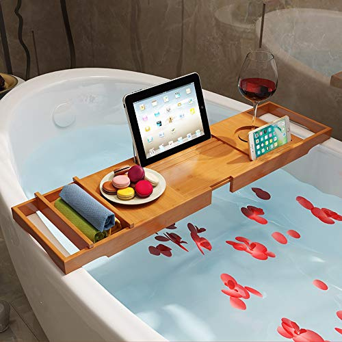 WING Badewannenablage Bambus badewannentablett ausziehbar badewannenbrett Holz Badewannenauflage Badewannenregal, einstellbar 75-109 cm,A