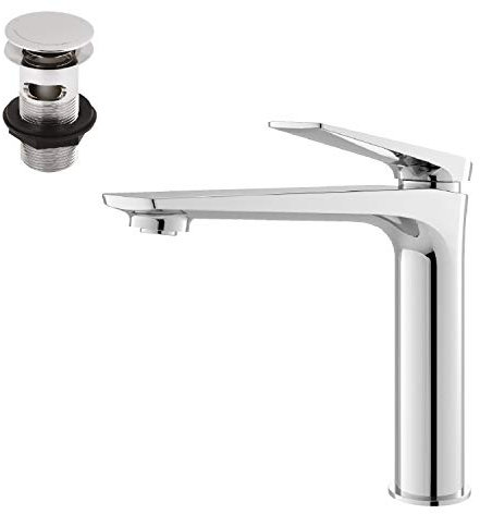 Hudson Reed DRI370 Drift ǀ Modern Bathroom Round Single Lever Tall High Rise Mono Basin Mixer Tap with Push Button Waste, 225mm x 50mm, Chrome