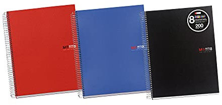 Miquelrius - Pack 3 Notizbücher The Original Notebook, 8 farbige Streifen, Undurchsichtiger Polypropylen-Einband, Format A4 (210 x 297 mm), 4-Loch-Lochung, 200 Blatt mit 70 g/m², Raster 5 mm