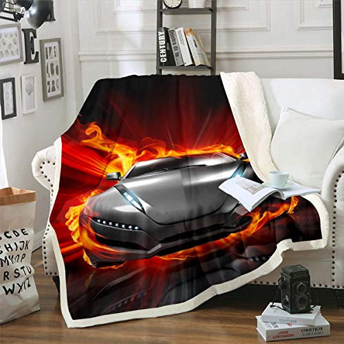 Rennsportwagen Couchdecke Extremsport Thema Kuscheldecke für Stuhl Sofa Couch Herren Cooles brennendes Auto Wohndecke Autosportwettbewerb Dekor Flanell Fleecedecke 150x200cm
