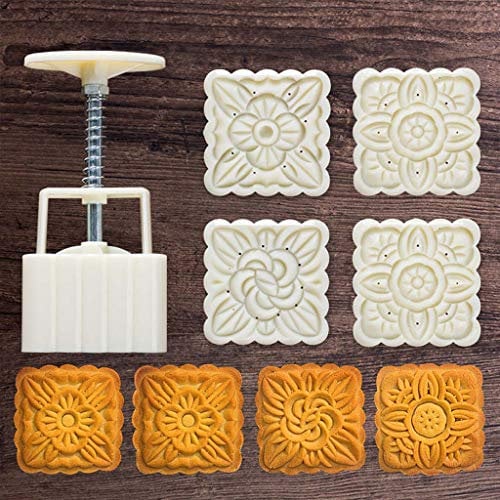 100g Mooncake Mould with 4pcs Square Flower Stamps Bakeware Cookie Cutter Hand Press Mould Cake Decoration Tool Kitchen Gadget for Kitchen Cookie Muffin Fondant Cupcake Dessert