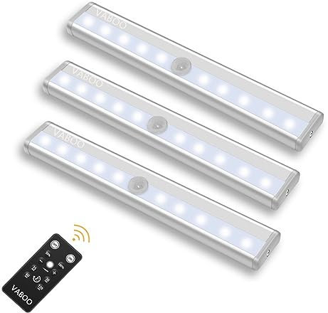 VABOO Under Cupboard Lights, 10 LED Under Cabinet Lights with Remote Control, Battery Powered LED Closet Light Wardrobe Kitchen Light, Stick-on Light, for Closet, Stairs, 3 Pack, White