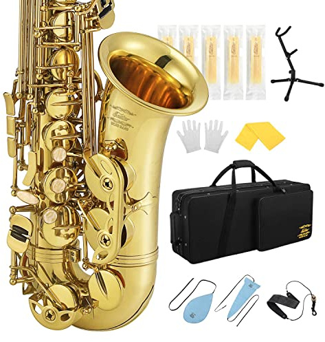 Eastar Professional Alto Saxophone Golden E Flat Eb with Cleaning Kit, Carrying Case, Mouthpiece, Neck Strap, Reeds, Stand, AS-Ⅲ