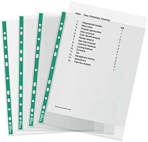 Esselte A4 Punched Pockets, 200 x Poly Pockets, 34 Micron Thickness, Embossed A4 Pockets With Punched Reinforced Green Spine, Ideal For Lever Arch Files & Ring Binders (Pack of 200), 628532