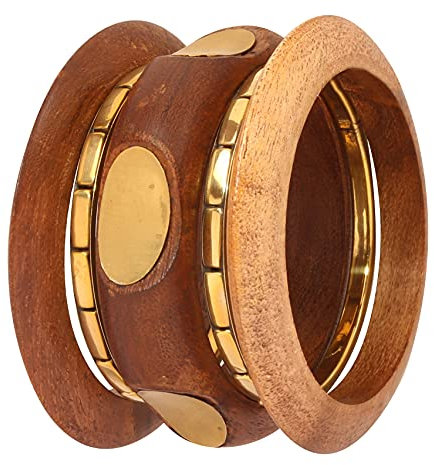 Touchstone Bracelet indien Bollywood en bois naturel coupé à la main avec jolis motifs assortis en laiton pour femme., M - Circ 7.8 in-Indn Size 2.8-Dia 2.5 in, Métal, Pas de gemme