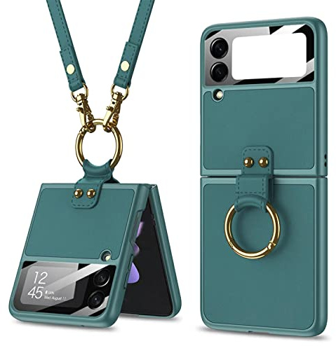 Étui pour Galaxy Z Flip 3 5G, Anneau métallique en Cuir Mince, bandoulière à la Main, Coque de Protection, Housse de téléphone Pliable pour Samsung Galaxy Z Flip 3 5G-Vert