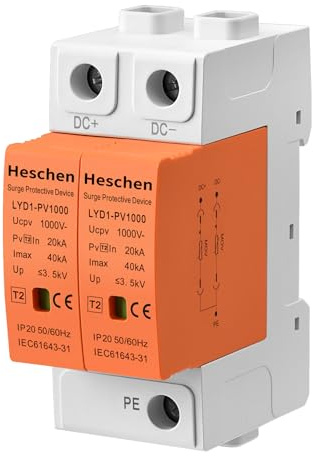 Heschen 80 Stück Überspannungsschutz, LYD1-PV1000, Typ2 1000VDC 20KA 2P, DC Ableiter, 35mm DIN-Schienenmontage,Breite Anwendungsmöglichkeiten für Photovoltaiksysteme