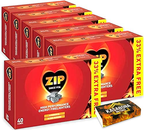 Packs of 40 Zip High Performance Energy Block Firelighters Powerful Reliable & Long Burning for Open Fires Stoves BBQs & KasaBona Safety Matches (6 X 40 CUBES)