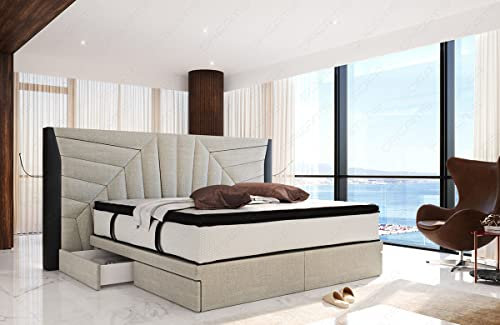 Sofa Dreams Boxspringbett Monaco in Strukturstoff Polsterbett mit Stauraum und LED Beleuchtung Kopfteil mit USB-Anschlüssen (200 x 220 cm, Elfenbein-Schwarz h1)