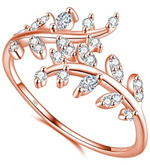 925 Sterling Silber Ring Olivenzweig Blätter mit Zirkonia Steinen Verstellbar I Echtsilber Blumenring Zweig Blatt Ringe mit Blüte für Damen und Frauen (Rosegold)