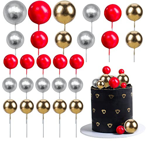 Gyufise 30Pcs Christmas Mini Balloon Cake Topper Foam Ball Cake Picks Cupcake Faux Pearl Balls DIY Cake Insert Topper Decoration for Anniversary Graduation Birthday Party Baby Shower Red Gold Silver