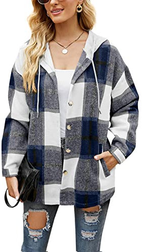 HVEPUO Chaqueta de camisa para mujer Shacket a cuadros de manga larga camisa blusa abrigo chaqueta de franela, F-azul oscuro., S