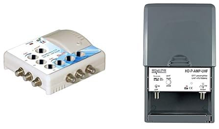 Elap 372016 Amplificateur TV TNT Intérieur - 6 Sorties - Filtre 4G Blanc 372016 & HD-Line Préamplificateur de mât UHF terrestre TNT Gain 38dB