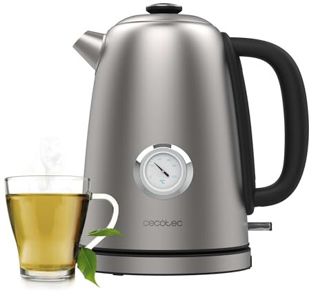 Cecotec Hervidor de Agua Eléctrico 1,7L Thermosense 620 Vintage. 2200W, Cuerpo de Acero Inoxidable, Filtro Antical, Base 360°, Termómetro Analógico, Protección Doble, Recipiente sin Cables