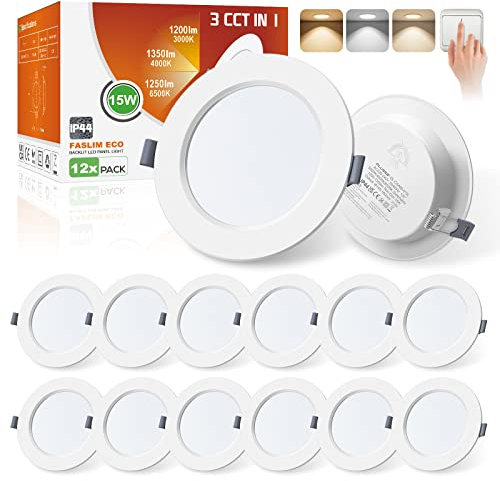 ALUSSO® 15W 1350LM LED Einbaustrahler 230V Ultra Flach LED Spots Badezimmer, 3CCT Warmweiß 3000K Neutralweiß 4000K Kaltweiß 6500K Deckenspots IP44 Einbauleuchten für Wohnzimmer Küche, 12er Set