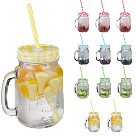 Relaxdays Jarras con Tapa y Pajita, Set de 12 Jarritas Limonada, 500 ml, Vasos Retro Veraniegos con Asa, Multicolor, Acero