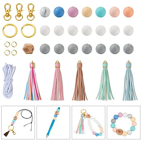 Cheriswelry Kit de 111 porte-clés en perles de silicone rondes de 15 mm - Perles octogonales en bois avec œillet pour la fabrication de bijoux