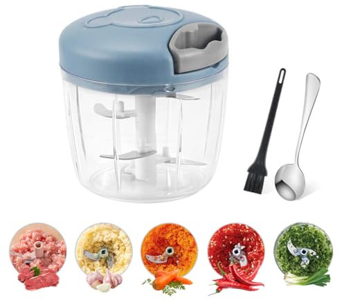 Picadora Manual de Alimentos, Picadora Manual 520Ml Con Cuerda, Cortador de Verduras, con 4 cuchillas de acero inoxidable para Verduras, Carne, Hierbas, Cebolla, ajo