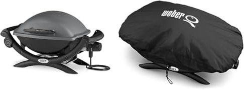 Weber Q1400 Elektrogrill, 43 x 32 cm, Dunkelgrau (52020079) & 7117 Premium Grillabdeckung für Q100/1000 Serie, schwarz, 27.9x25.4x23.6 cm