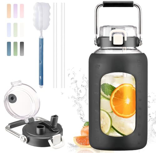 BLUEGO 2500ml Bouteille d'eau en verre avec poignée en acier inoxydable 2,5L Grande Gourd avec marqueurs de temps et manchon en silicone Carafe à eau Sans BPA pour sport, Noir