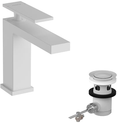 hansgrohe Tecturis E - Waschtischarmatur mit Zugstangen-Ablauf, Wasserhahn Bad mit Auslauf Höhe 117 mm, Mischbatterie Waschbecken wassersparend (EcoSmart+), Mattweiß, 73010700
