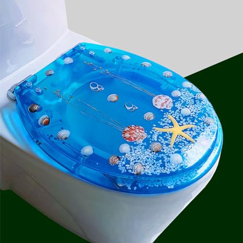 FUNRIN Toilettendeckel, WC-Tankabdeckungen, Transparenter Harz-WC-Sitz Echte Muscheln und Sande Anti-Bakteriell Einstellbare Edelstahl-Scharnier-WC-Deckel-Abdeckung Langsam Soft Close Top Mount,1