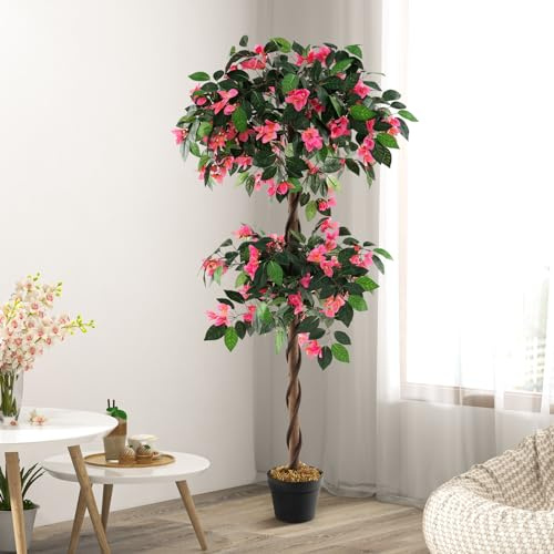 TANGZON 150CM/5FT Artificial Bougainvillea Tree, Tall Faux Blossom Tree in Cement Pot with 252 Flowers, 630 Leaves & Solid Wood Trunk, Indoor Outdoor Decorative Potted Plant for Home Office Garden (1)