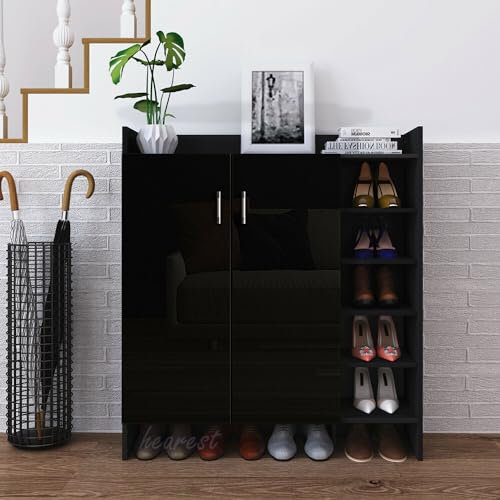 Schuhschrank Hochglanz 2 Türen Schrank Schuhaufbewahrung Organisator mit Verstellbaren 5 Offenen Regalen Schuhständer Regal Holz Sideboard Einheit Schwarz