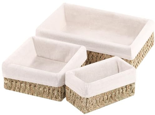 OUTBROS Aufbewahrungskorb Geflochte, Organizer Körbchen in Regale, Klopapier Aufbewahrung Körbe, Deko Aufbewahrungsbox mit Futter, 3-Pack, Seegras