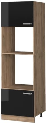 Vicco Armoire Micro-Ondes R-Line, Noir Haute Brillance/Chêne de Force doré, 60 cm
