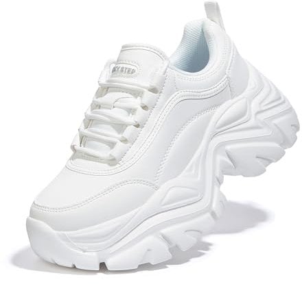 LUCKY STEP Women Chunky Sneakers Fashion Platform Leather Casual Dad Shoes Comfortable Wedge Walking Sport Sneakers (White, 8.5US-39EU-6UK)
