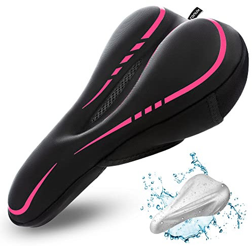 RONUX Narrow Bike Seat Cushion, Memory Foam & Gel Extra Comfort Pad Bicycle Saddle Cushions, Exercise Road Peloton Mountain Bikes Comfy Cycling Accessories, Women Men, Waterproof Rain Cover (Pink)