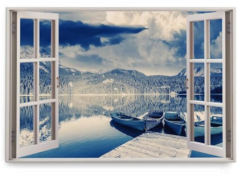 Paul Sinus Wandbild 120x80cm Fensterbild Berge Bergsee Natur Boote Steg Blau