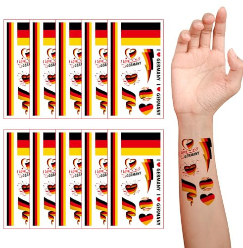 Deutschland Flagge Tattoos Aufkleber,EM 2024 Temporäre Tattoos mit Deutschland Flagge,Wasserdichter Gesichts Tattoos Sticker für WMEuropameisterschaft 2024,10PC