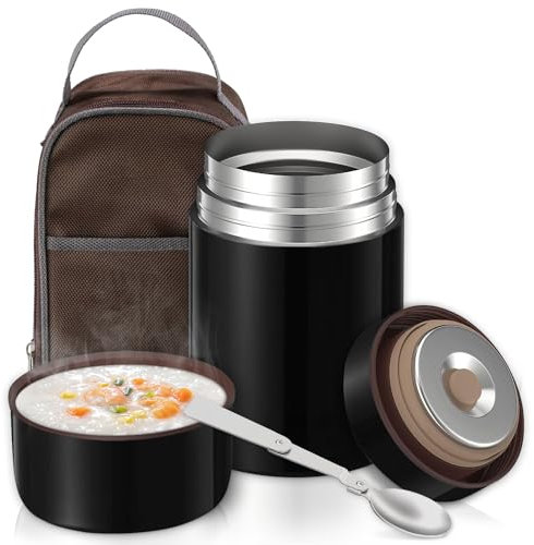 Termo Comida Caliente 801ml, Termos para Acero Inoxidable Termico Comida Recipiente Caliente con Bolsa Aislada e Cuchara Plegable, Termo para Solidos y Líquid, Negro